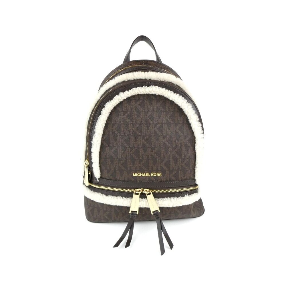 Michael Kors Brown Monogrammed Leather Shearling Trim Mini Backpack